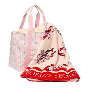 NIP Victoria’s Secret Shine Striped Monogram Tote Bag + Cozy Blanket w/ Ribbons